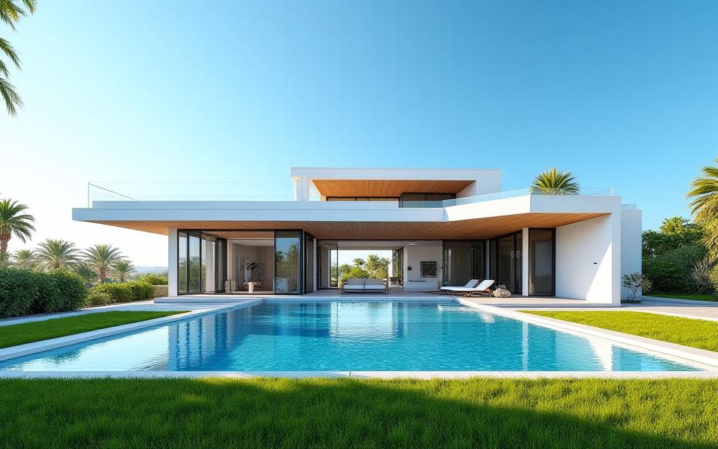 Moderna kuća sa bazenom i plavim nebom